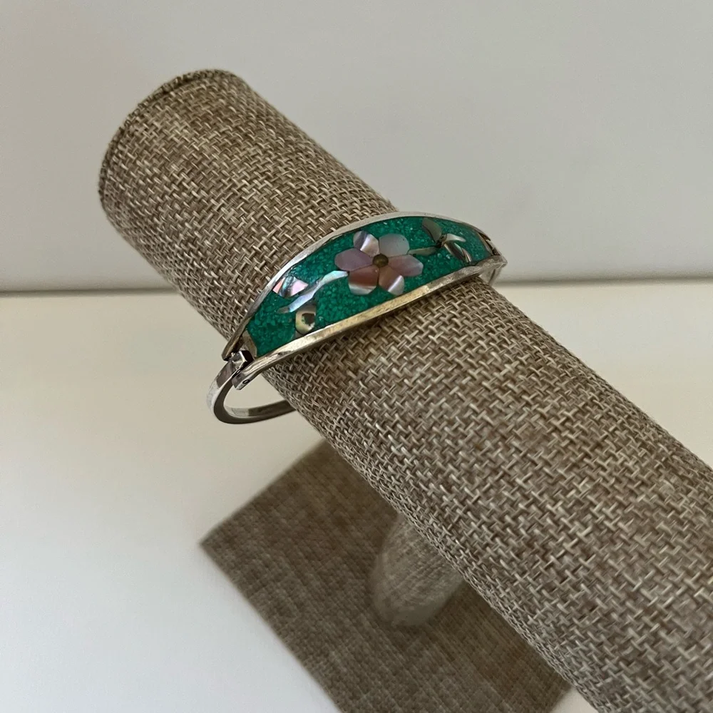 Taxco México Beautiful Vintage Flower Inlay Bracelet - Picture 6 of 7